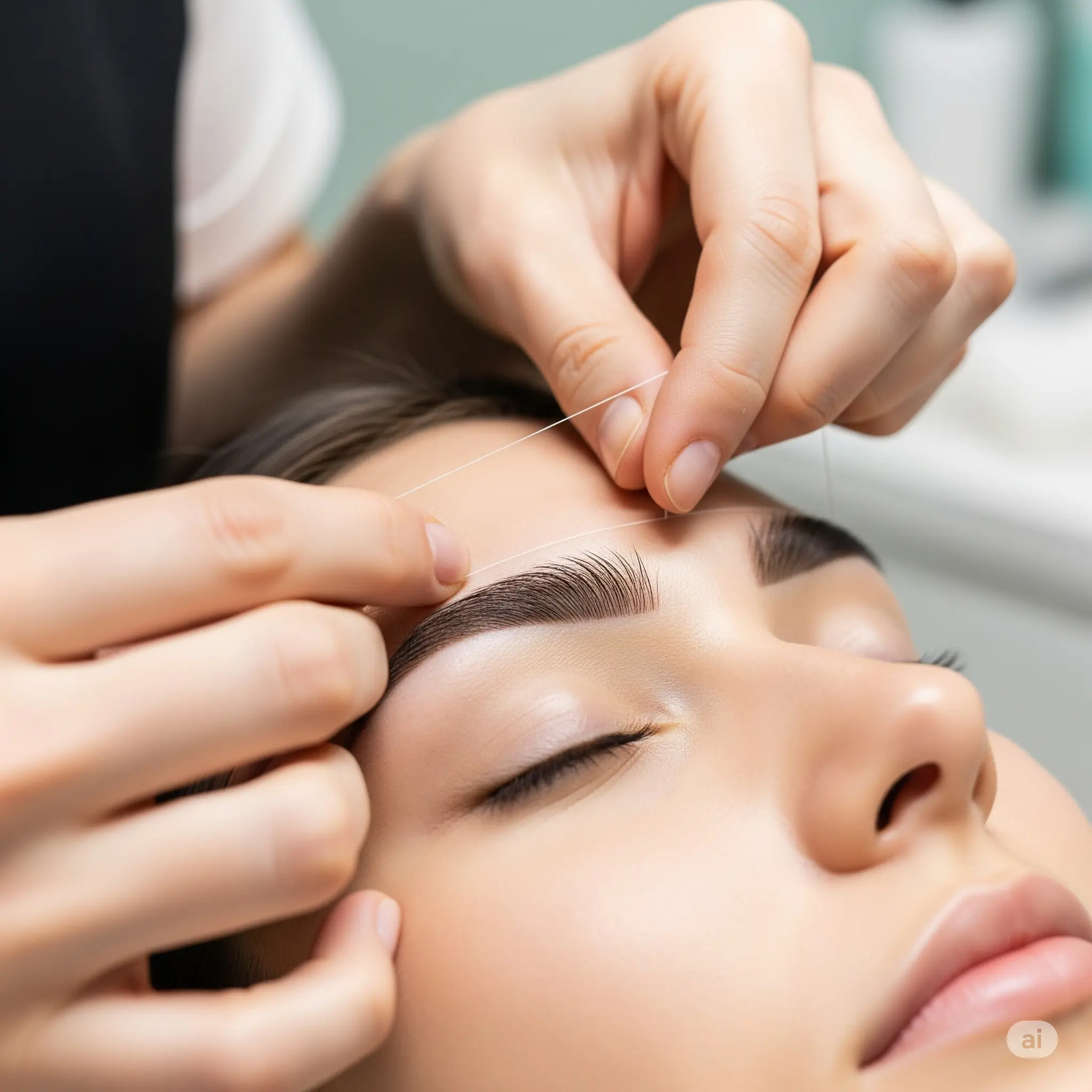 Eyebrow threading process in a beauty salon, emphasizing the technique and care involved