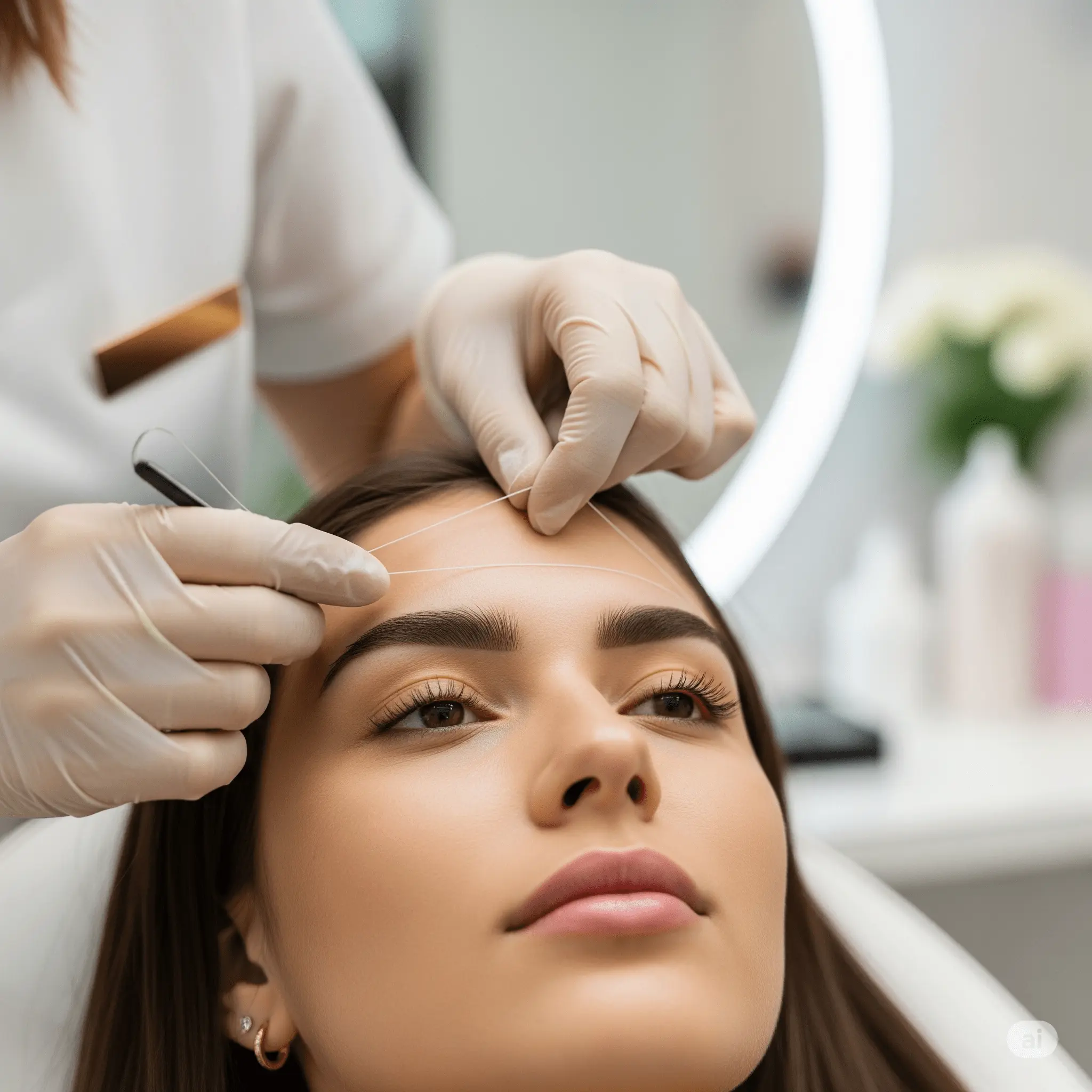A close-up view of professional eyebrow threading in progress at a beauty salon, showing the esthetician’s hands skillfully shaping the client’s eyebrows with thread in a clean, elegant setting
