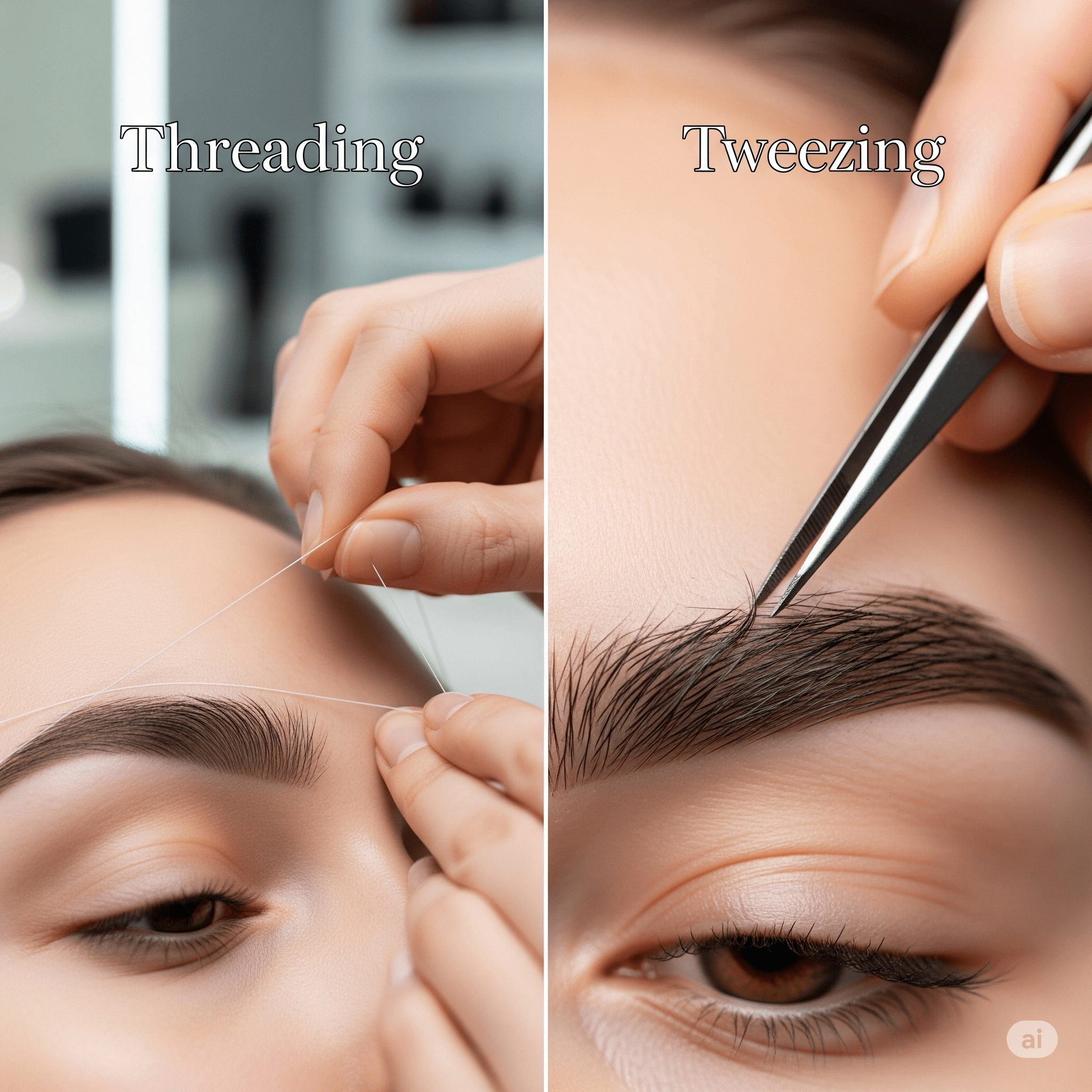 A split-screen image comparing eyebrow threading on one side with tweezing on the other, highlighting the techniques used in each method for shaping eyebrows in a professional salon setting