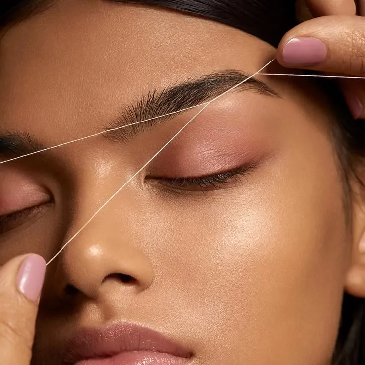 Client getting professional walk-in eyebrow threading treatment