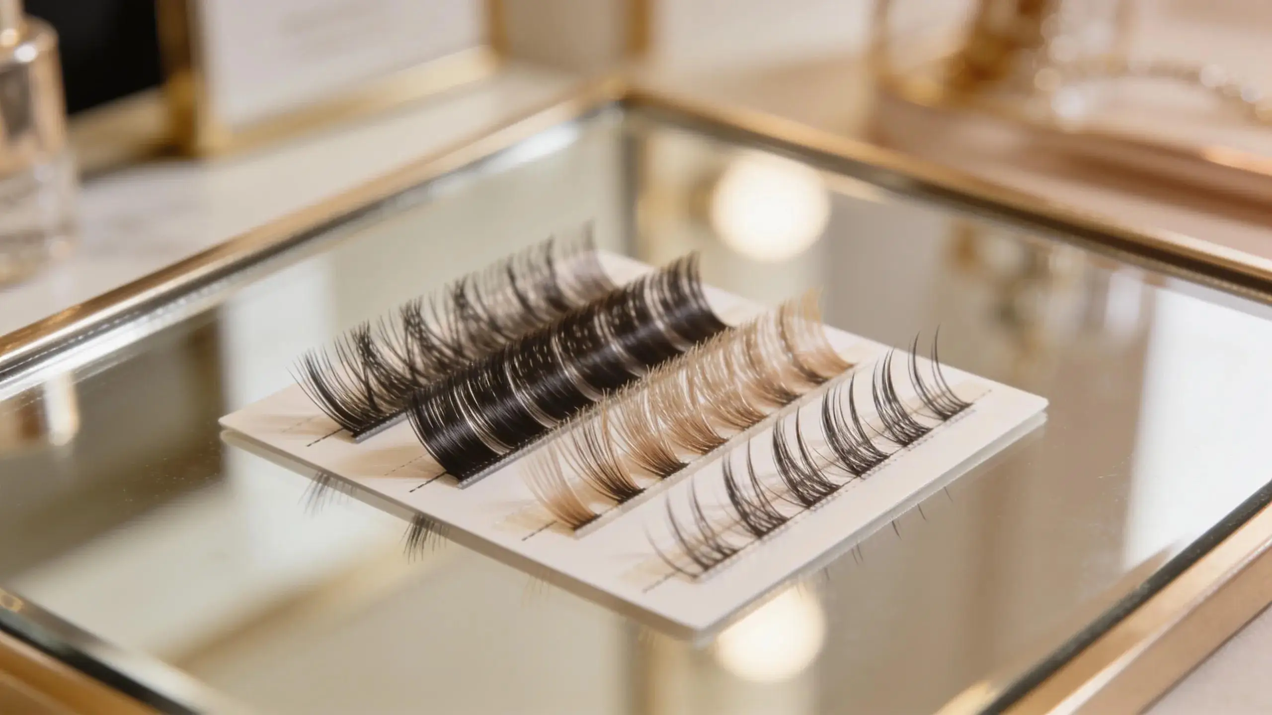 Hybrid lash extensions in various lengths and textures showcased on a surface, emphasizing beauty enhancement