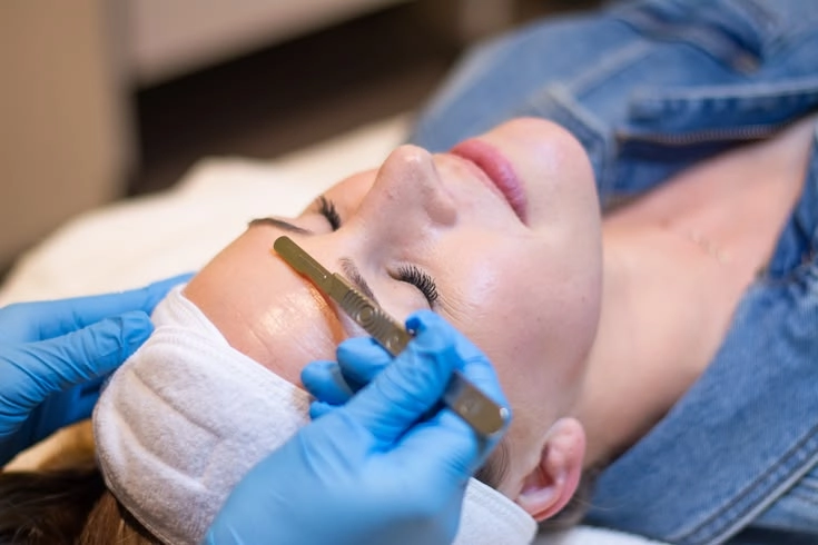 Gentle dermaplaning forehead skin exfoliation for pre-event glow