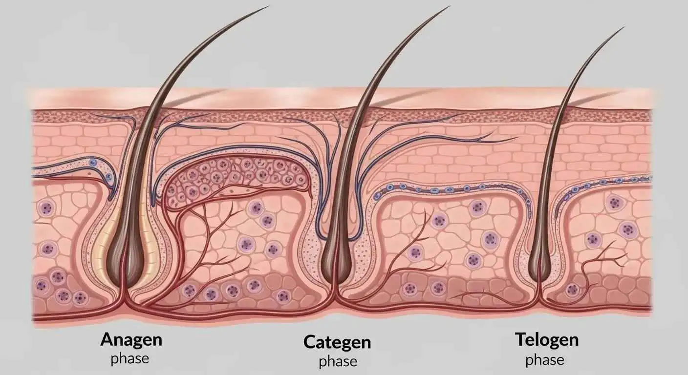 Illustration of the eyebrow hair growth cycle phases: anagen, catagen, telogen