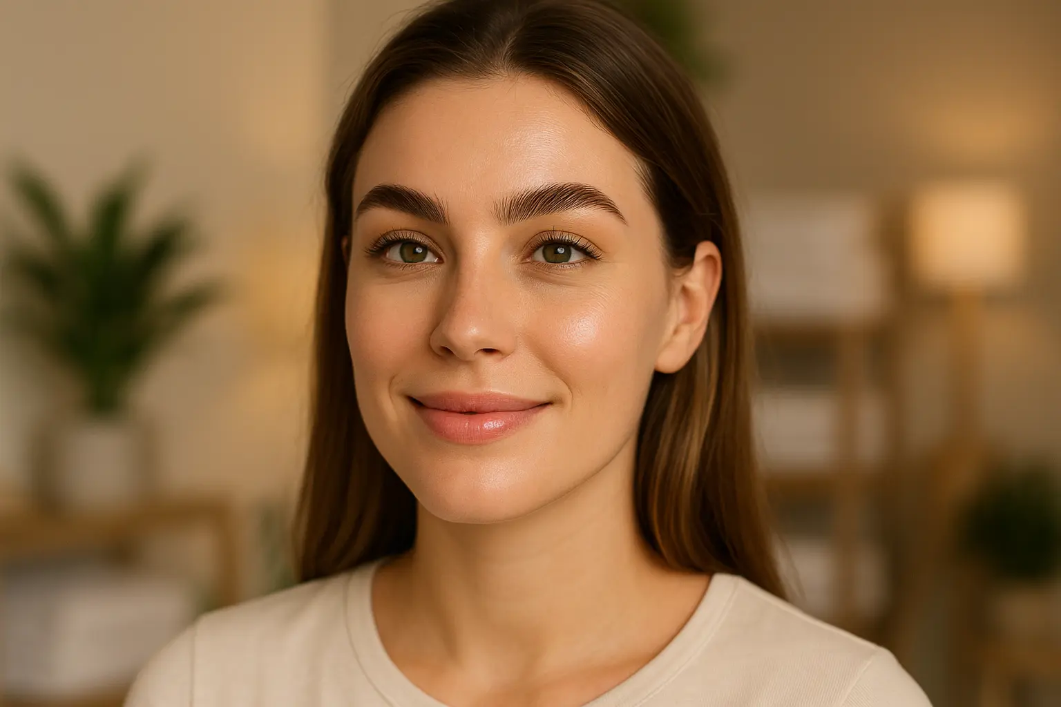 Woman with freshly lifted lashes and tinted brows after a beauty treatment session.