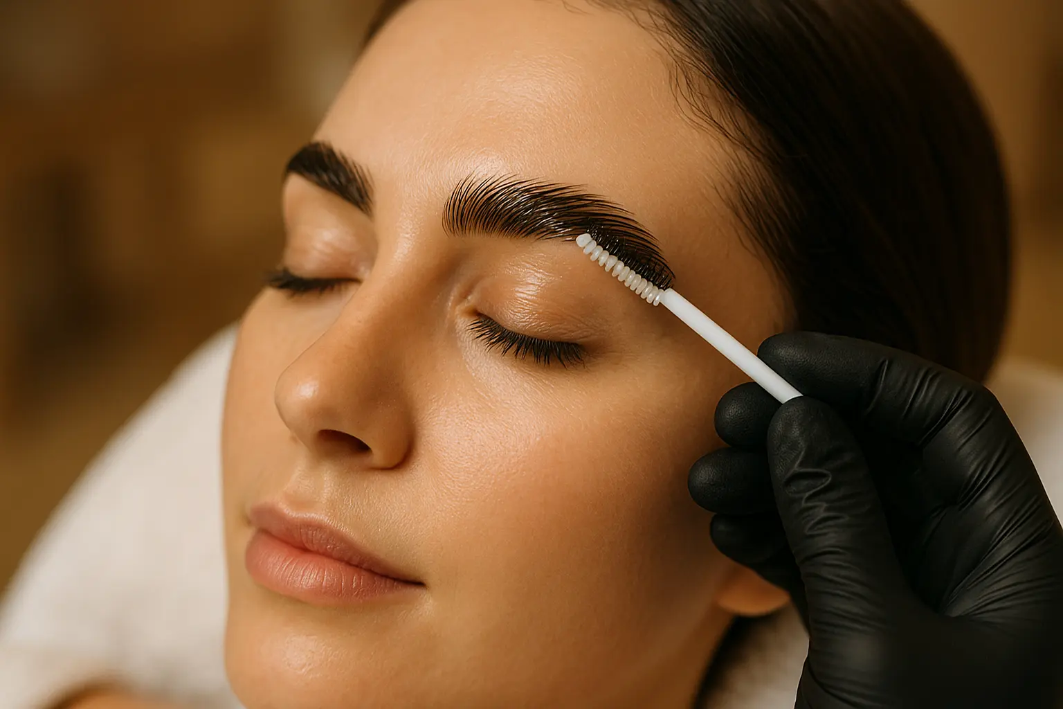 Professional brow lamination treatment with eyebrow hairs being lifted and shaped.