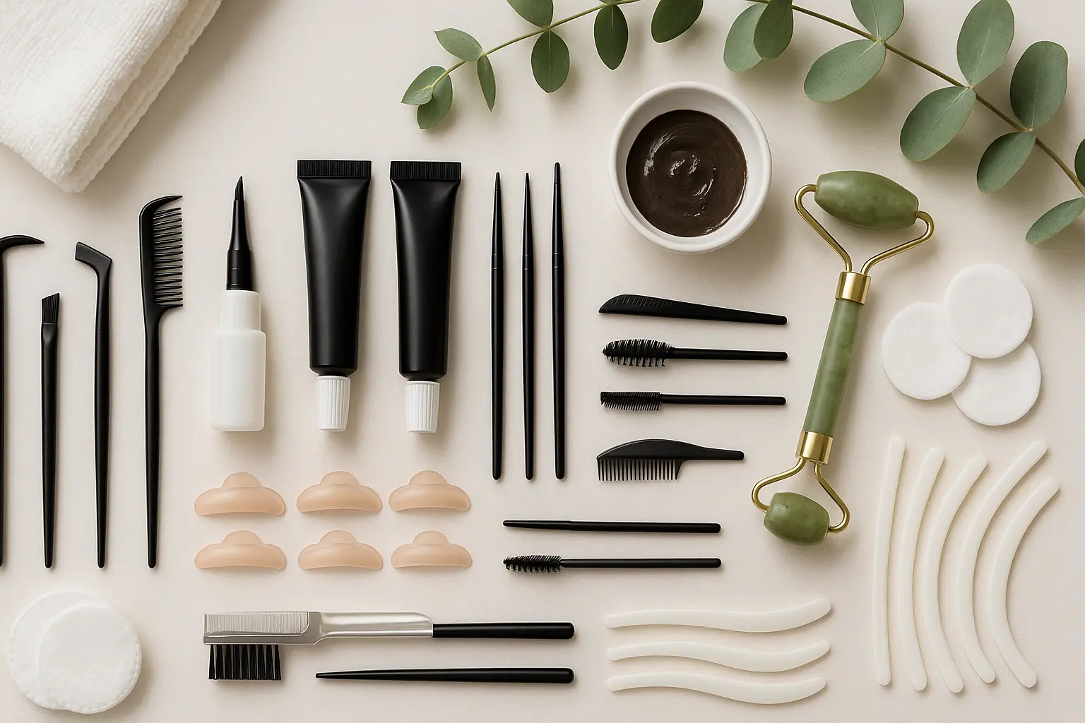 Brow and lash tinting and lifting tools arranged neatly in a modern beauty salon setting.