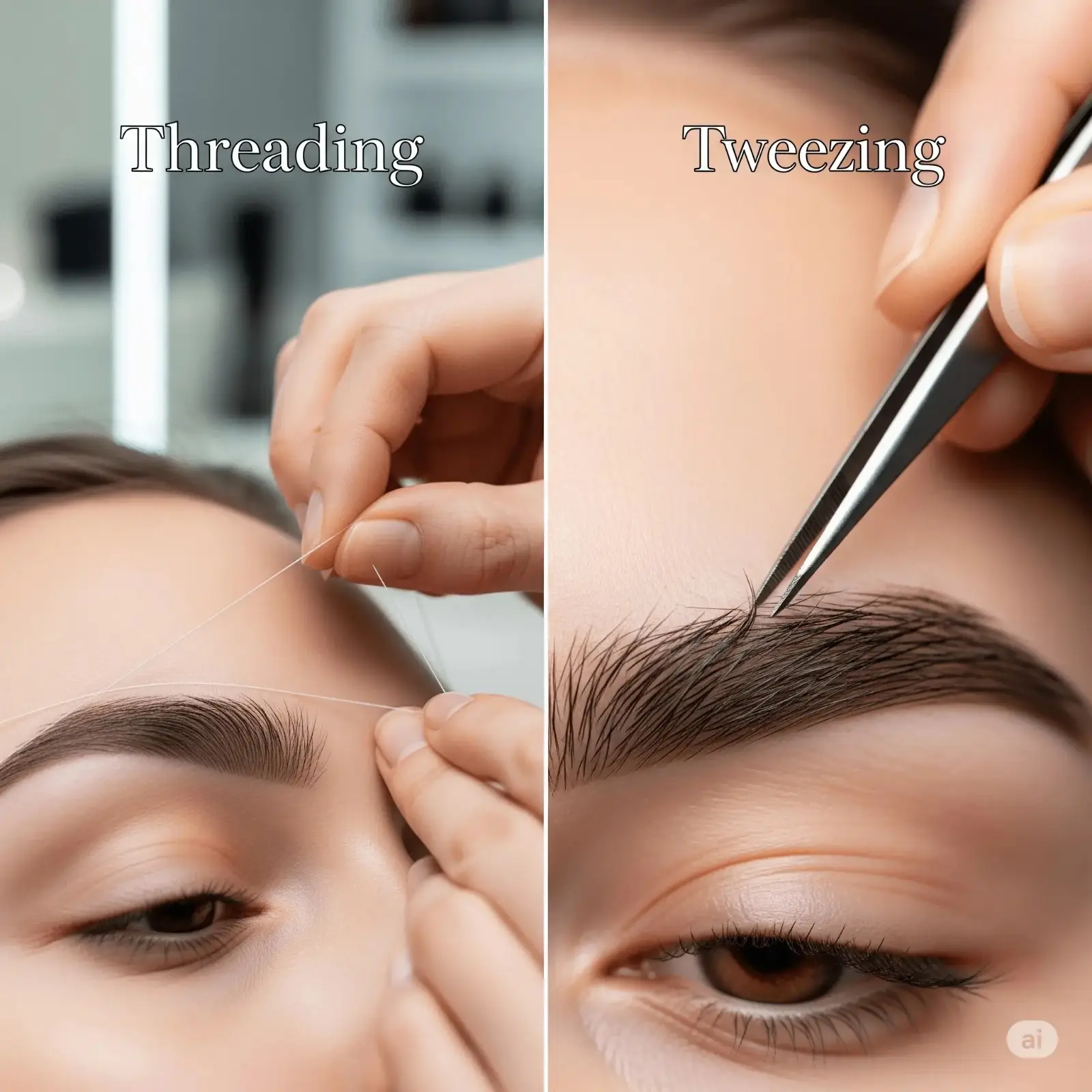 A split-screen image comparing eyebrow threading on one side with tweezing on the other, highlighting the techniques used in each method for shaping eyebrows in a professional salon setting
