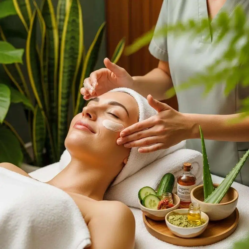 woman enjoying an organic facial treatment in a tranquil spa environment emphasizing skin detoxification