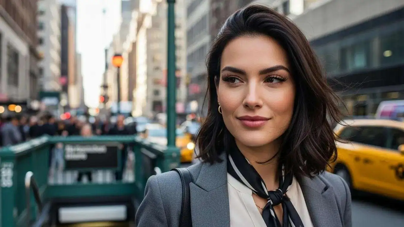Woman in NYC with beautiful lash extensions, showcasing the benefits of mink and silk lashes for daily commuters